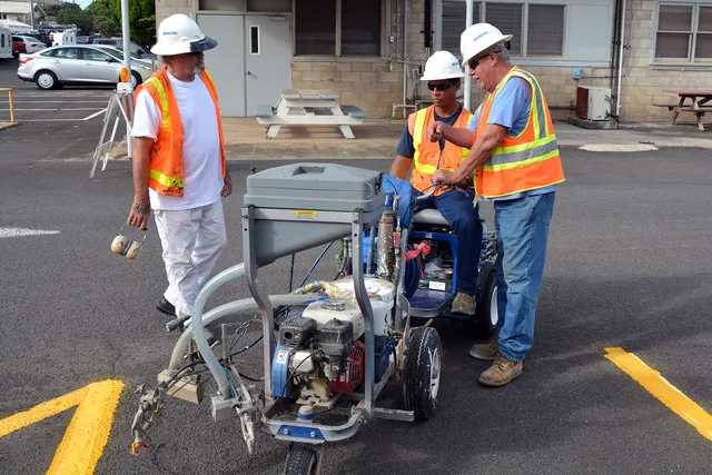 PEARL HARBOR-HICKAM, Hawaii (Oct. 17, 2016). Over 23 employees from Public Works Department Joint Base Pearl Harbor-Hickam's Project Execution Sections PRJ3512 and PRJ3514 attended practical training in groups of two from Oct. 11 - 18 learning to operate a riding paint striping machine. Two machines. Setting up a parking lot striping business: the equipment checklist