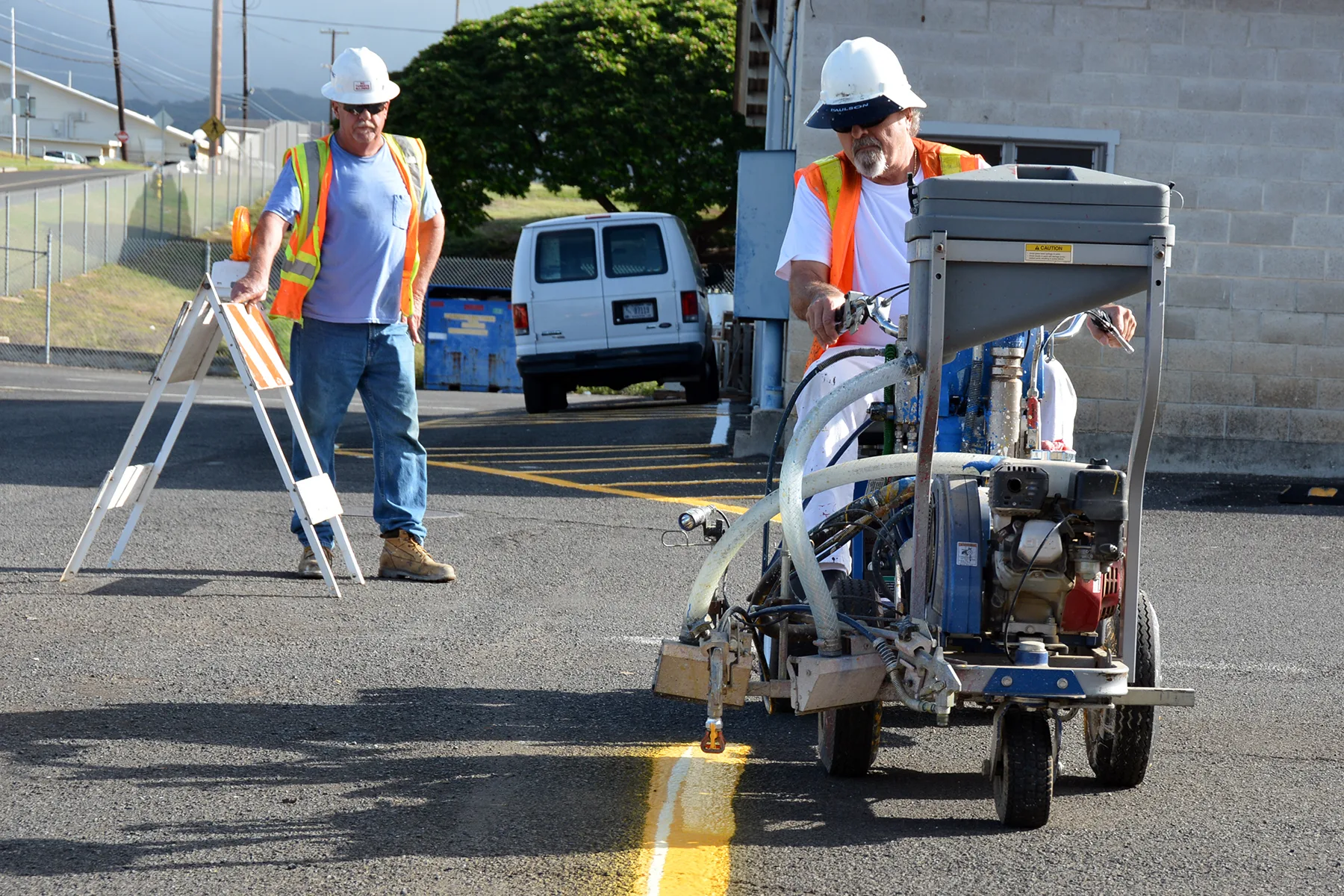 PEARL HARBOR-HICKAM, Hawaii (Oct. 17, 2016). Over 23 employees from Public Works Department Joint Base Pearl Harbor-Hickam's Project Execution Sections PRJ3512 and PRJ3514 attended practical training in groups of two from Oct. 11 - 18 learning to operate a riding paint striping machine. Two machines. Parking lot striping temperature limits for waterborne paint