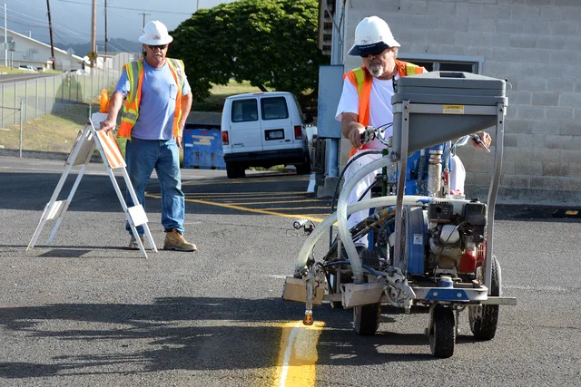 PEARL HARBOR-HICKAM, Hawaii (Oct. 17, 2016). Over 23 employees from Public Works Department Joint Base Pearl Harbor-Hickam's Project Execution Sections PRJ3512 and PRJ3514 attended practical training in groups of two from Oct. 11 - 18 learning to operate a riding paint striping machine. Two machines. Parking lot striping temperature limits for waterborne paint