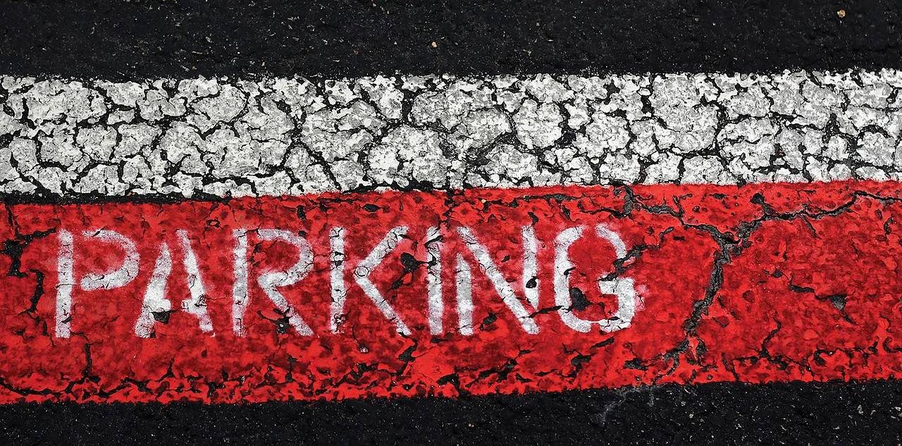 parking, lot, concrete, cracked, asphalt, zone, blue, white, car lot, street, road. Water vs oil parking lot paint in Canada: dry time and cold weather