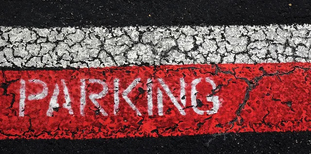 parking, lot, concrete, cracked, asphalt, zone, blue, white, car lot, street, road. Water vs oil parking lot paint in Canada: dry time and cold weather
