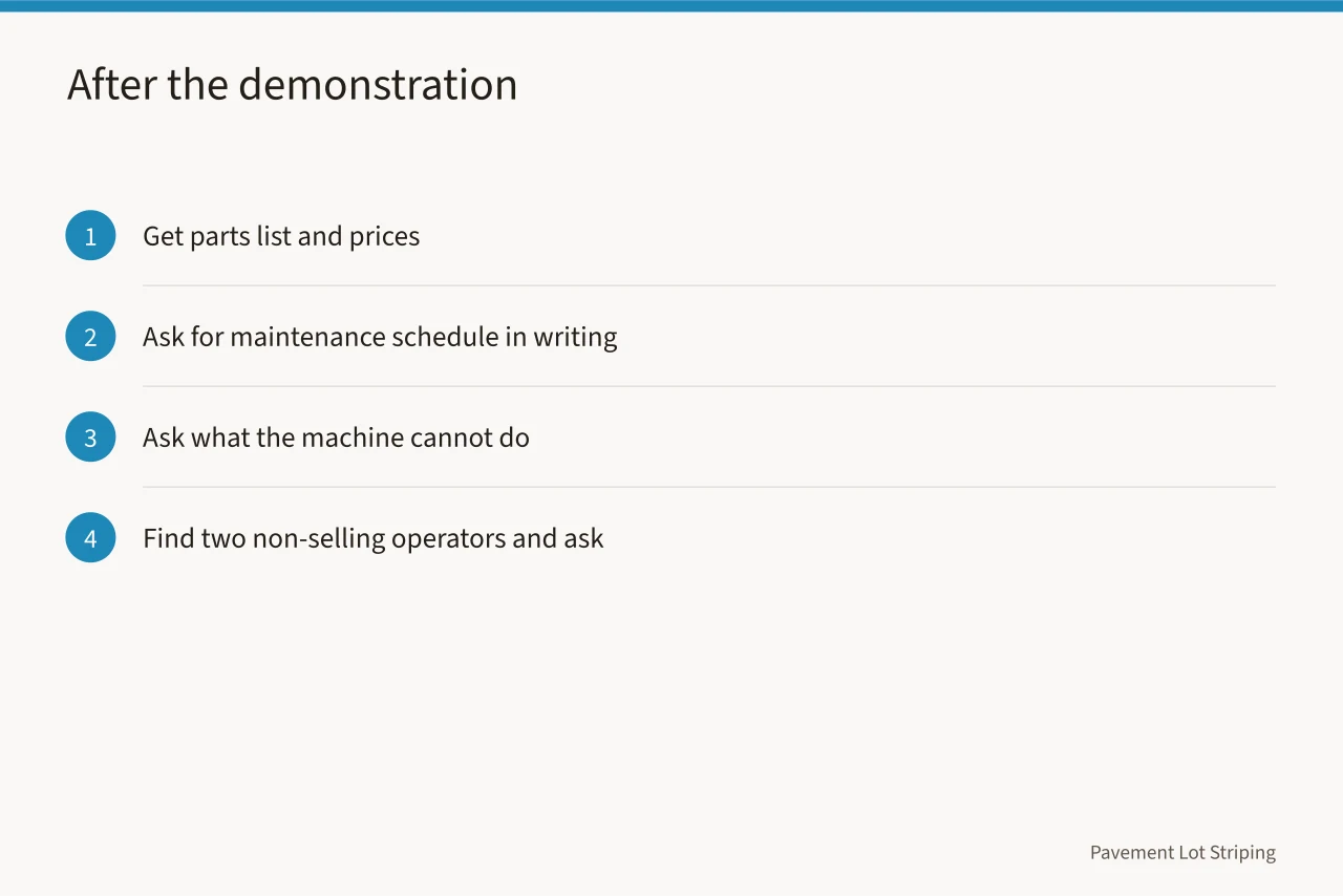 Four follow-up steps after a striping machine demonstration (Parking lot striping equipment brands compared for 2027)